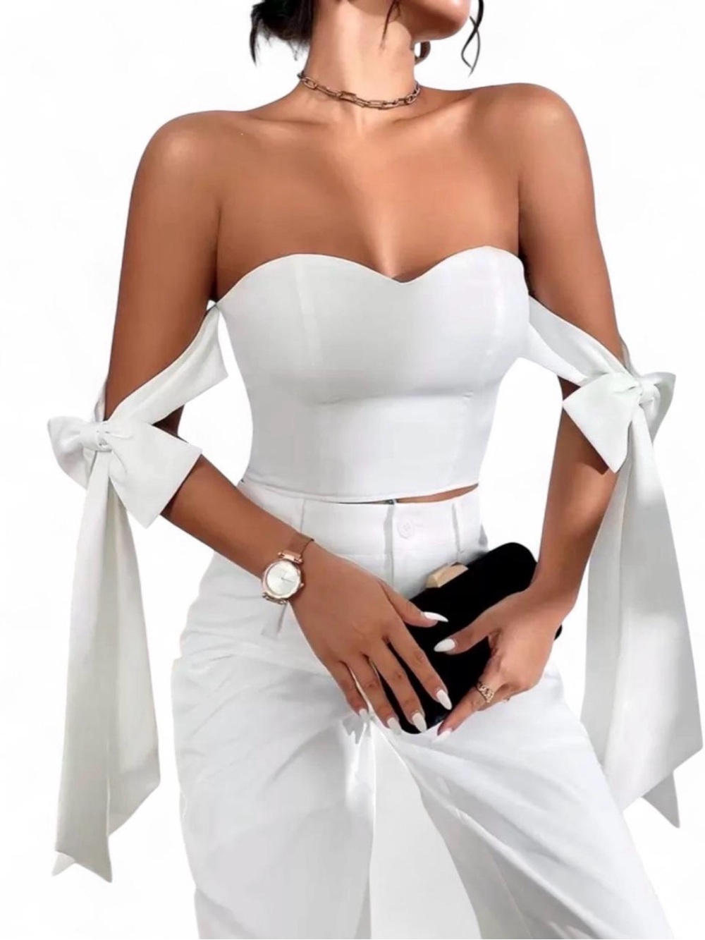 Strapless Bow-Sleeve Crop Top - White